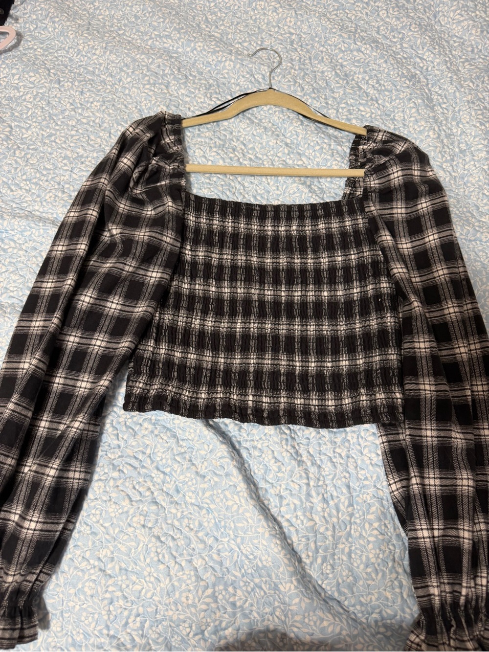 Macy's Black & White Plaid Smocked Square-Neck Crop Top